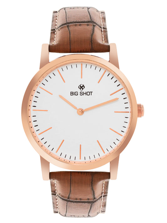 Men’s Classic White Dial Analog Watch with Rose Gold Case & Brown Leather Strap - BSM001D