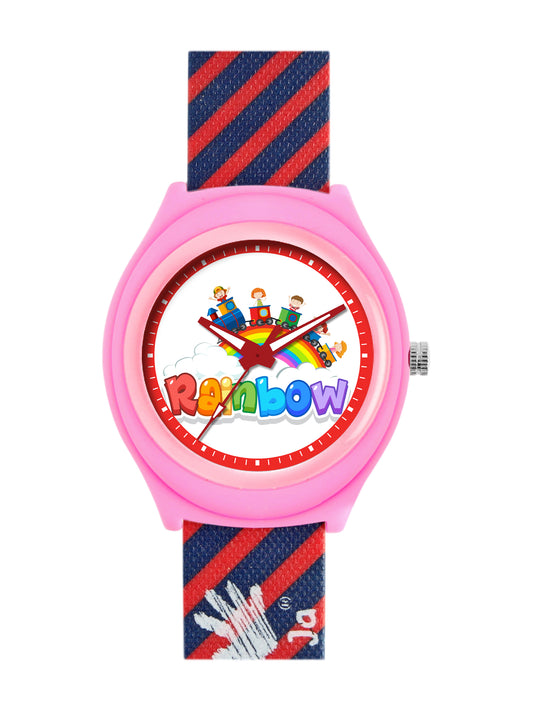 Kids’ Rainbow Theme Analog Watch with Pink Case and Striped Strap - JJ226