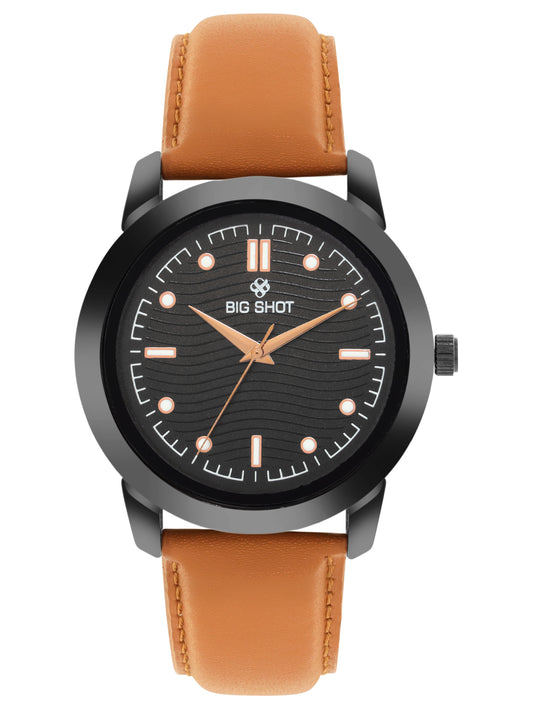 Big Shot Men’s Black Textured Dial with Brown Leather Strap Analog Watch - For Men BSM008B