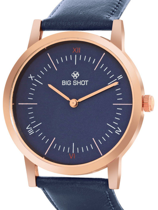 Men's Rose Gold Blue Leather Strap Watch BSM002D