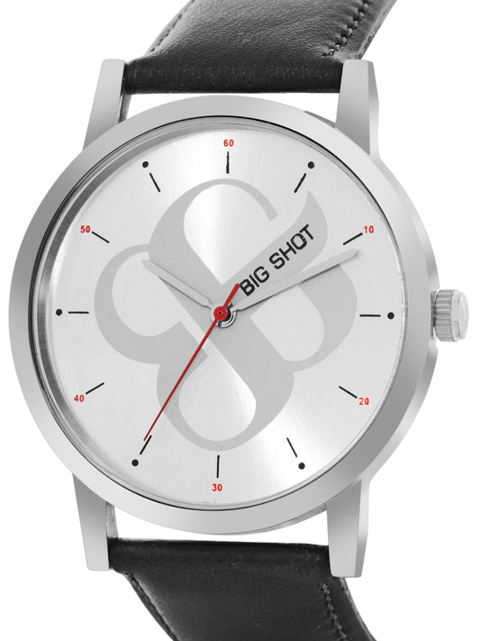Men's Silver Black Leather Strap Watch BSM003C
