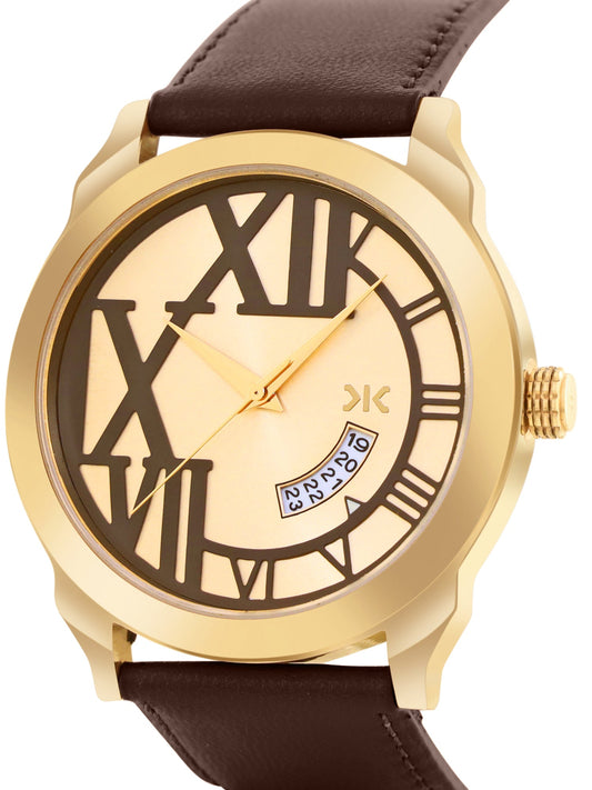 Men's Gold Brown Leather Strap Date Watch KLMO80I