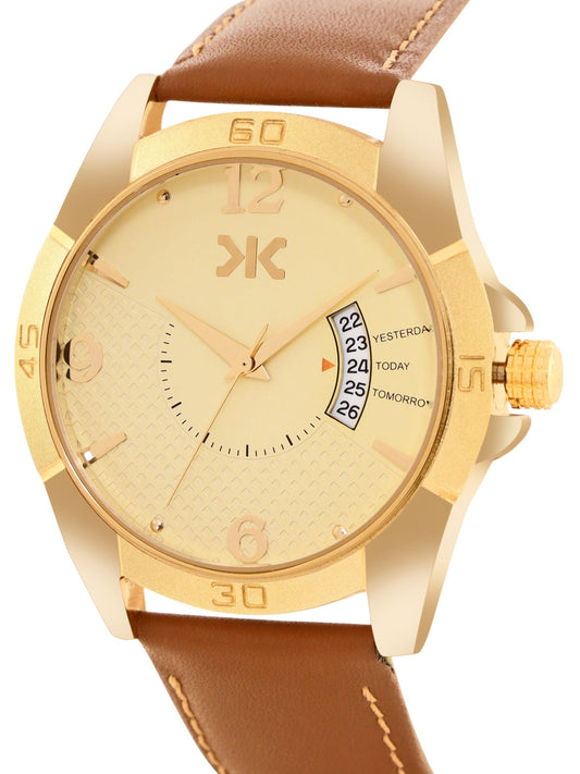 Men's Gold Case, Brown Leather Strap Date Watch KLMO104D