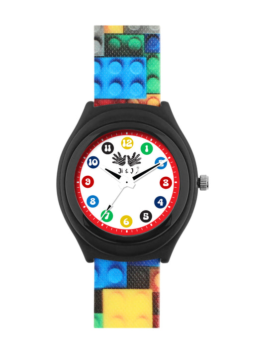 Kids’ White Dial Analog Watch with Black Case and Colorful Block Print Silicone Strap - JJ223
