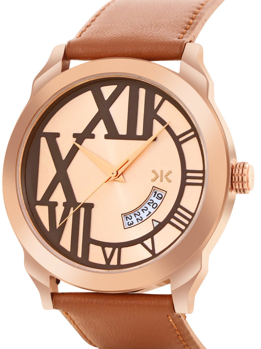 Men's Rose Gold Brown Leather Strap Date Watch KLMO80H
