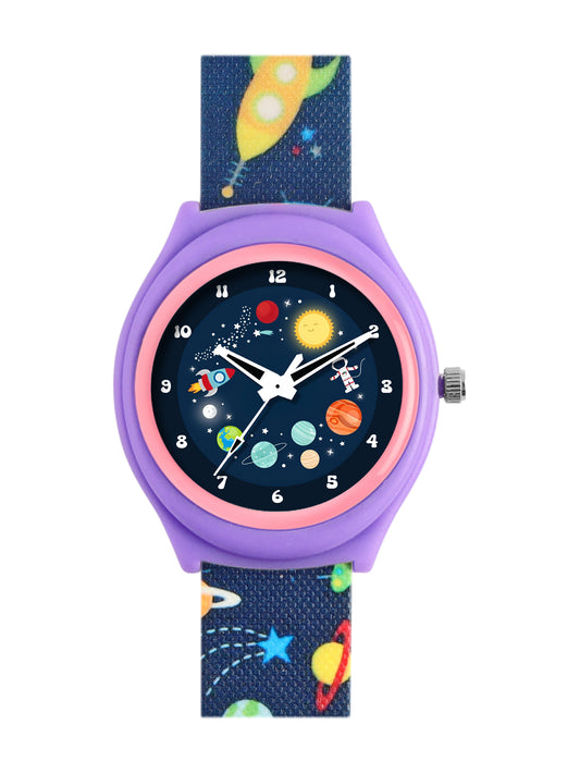 Kids’ Black Dial Analog Watch with Space Print Silicone Strap - JJ207