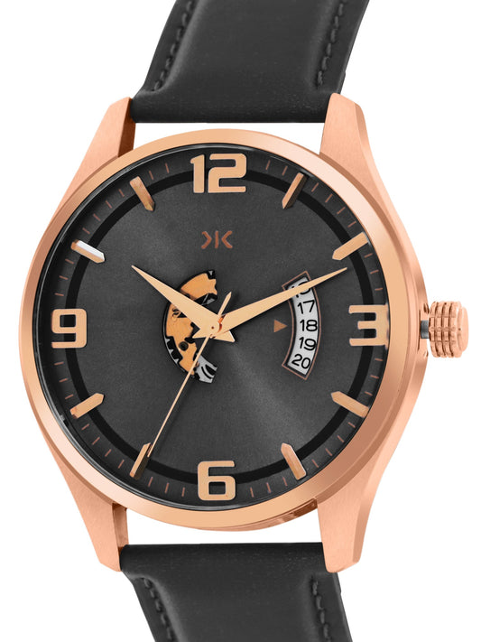 Men's Rose Gold Case, Black Skeleton Dial, Black Leather Strap, Date Watch KLMO103B