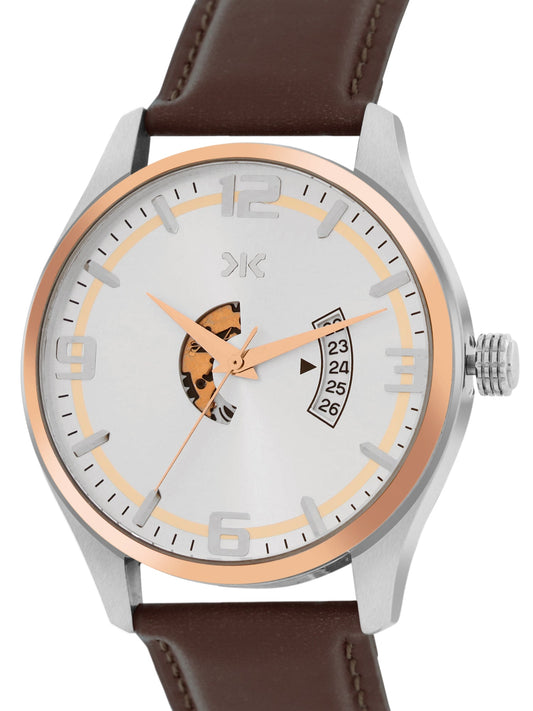 Men's Rose Gold Case, White Skeleton Dial, Brown Leather Strap, Date Watch KLMO103C