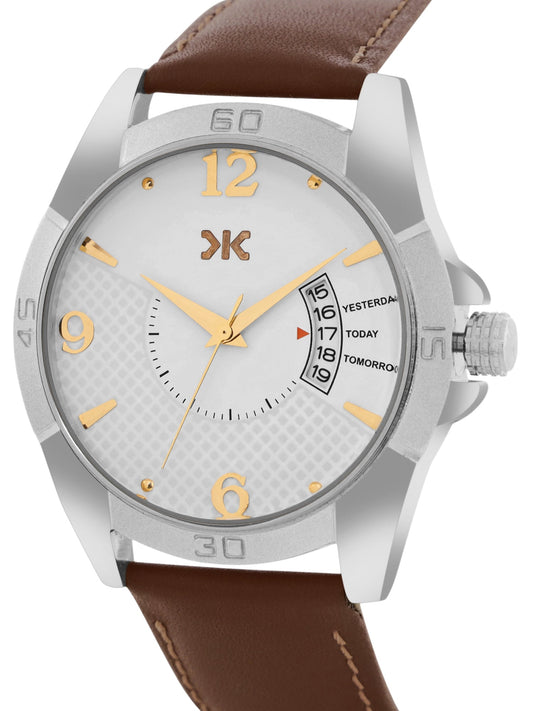 Men's Silver Case, Brown Leather Strap Date Watch KLMO104B
