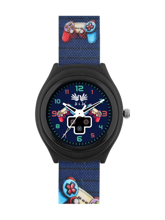 Kids’ Black Dial Analog Watch with Gaming Print Silicone Strap and Black Case - JJ202
