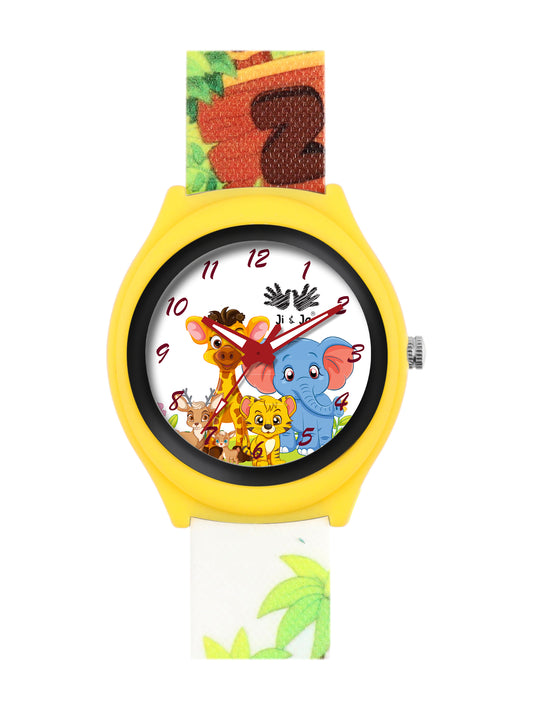 Kids’ White Dial Analog Watch with Jungle Cartoon Silicone Strap & Yellow Case - JJ220