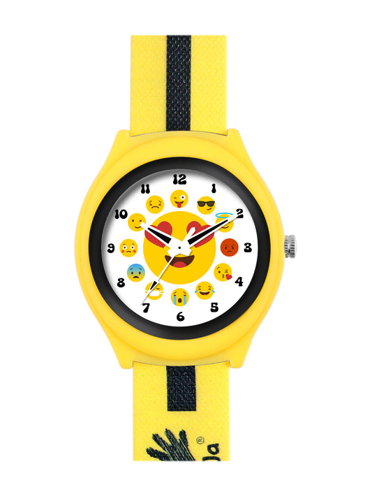 Kids’ White Dial Analog Watch with Emoji Print Silicone Strap & Yellow Case - JJ222