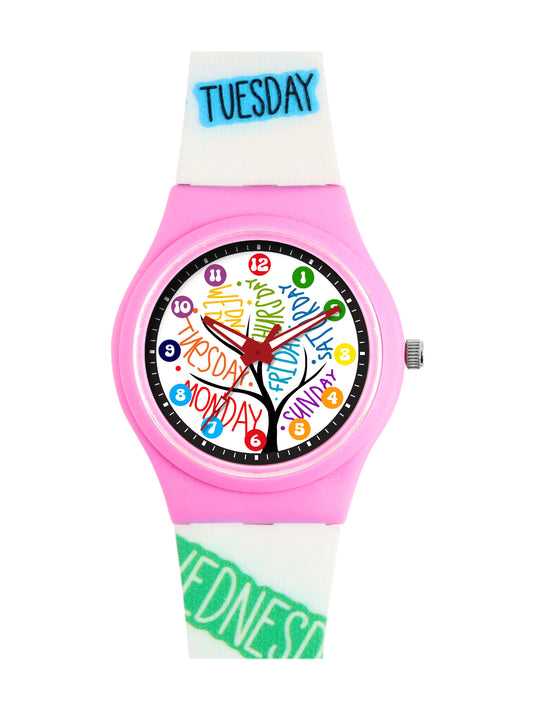 Kids’ White Dial Analog Watch with Days of the Week Silicone Strap & Pink Case - JJ221