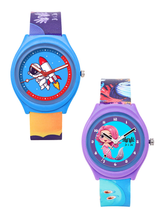 Kids’ Combo Pack Analog Watches – Astronaut Rocket Theme & Mermaid Cartoon Design - JJ115118