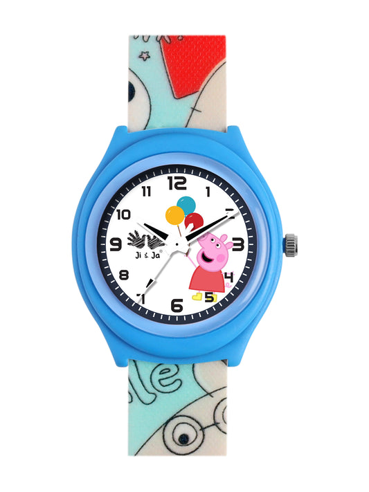 Kids’ White Dial Analog Watch with Cartoon Silicone Strap & Blue Case - JJ219