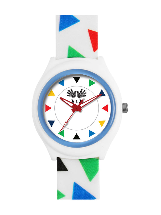Kids’ White Dial Analog Watch with Geometric Silicone Strap - JJ205