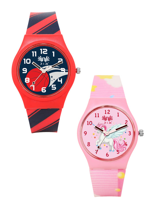 Kids’ Combo Pack Analog Watches – Red Basketball Theme & Pink Unicorn Fantasy - JJ119117