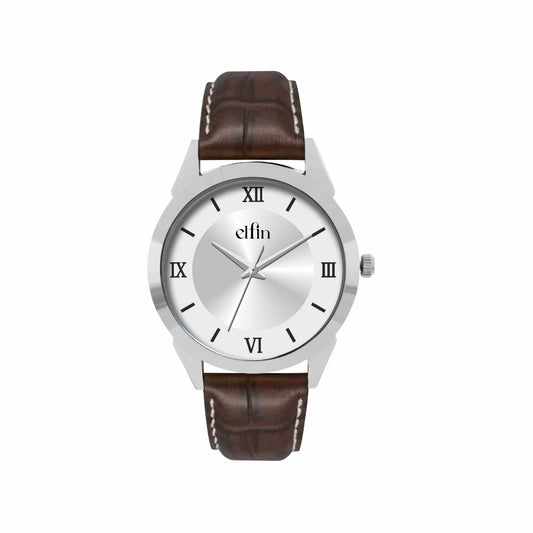 Men’s Analog Watch – Silver Roman Dial with Brown Leather Strap - ELFM002B