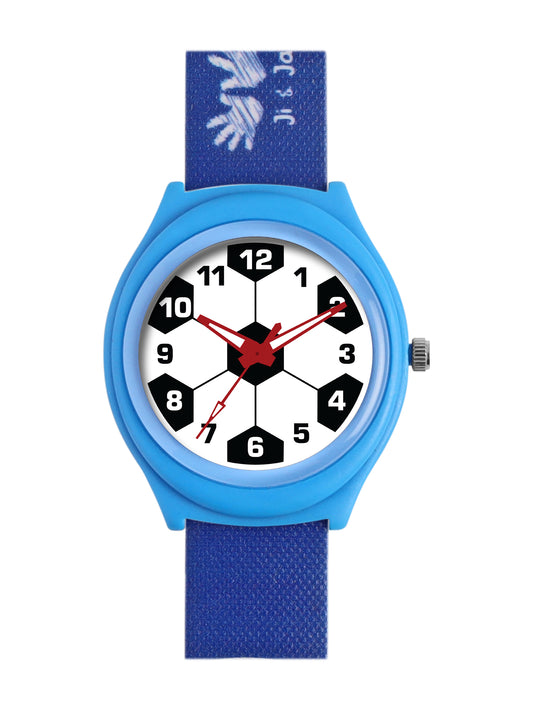 Kid’s White Dial Analog Watch with Soccer-Themed Blue & Black Silicone Strap - JJ227
