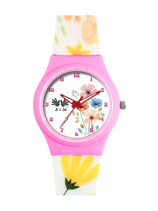 Kids’ White Dial Analog Watch with Floral Silicone Strap & Pink Case - JJ218