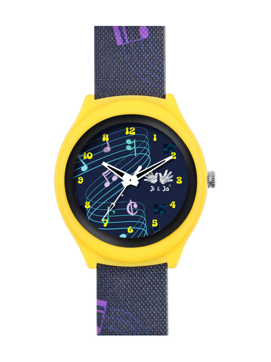 Kids’ Black Dial Analog Watch with Musical Notes Silicone Strap - JJ208