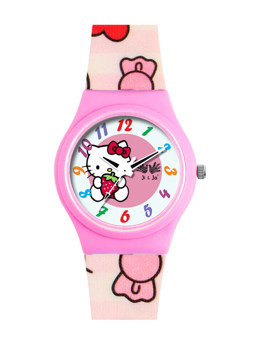 Kids’ Pink Dial Analog Watch with Cartoon Kitty Silicone Strap - JJ209