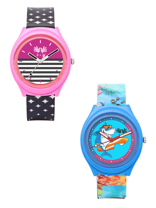 Kids’ Combo Pack Analog Watches – Pink Stripes Design & Shark Surf Cartoon Theme - JJ116102