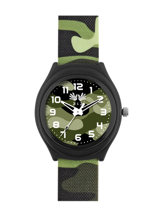 Kids’ Green Camouflage Dial Analog Watch with Black Case and Silicone Strap - JJ201