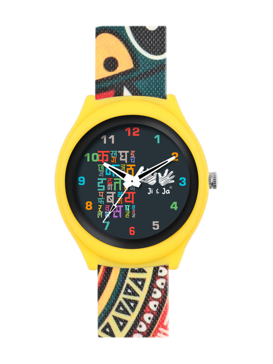 Kids’ Yellow Hindi Alphabet Theme Analog Watch with Colorful Silicone Strap - JJ214