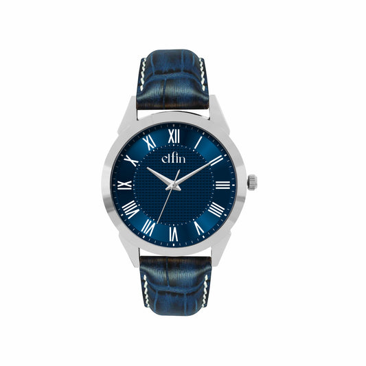 Men’s Analog Watch – Grey Textured Dial with Blue Strap & Blue Hands - ELFM001A