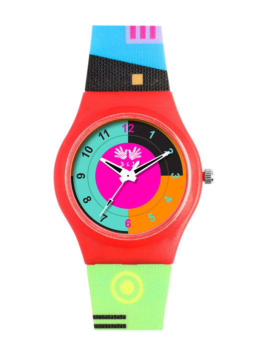 Kids’ Red Dial Analog Watch with Multicolor Silicone Strap - JJ210