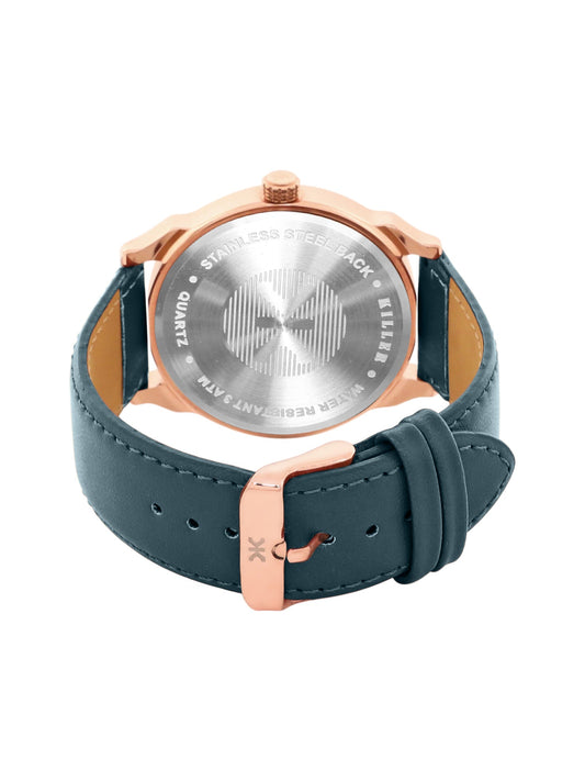 Men's Rose Gold Blue Leather Strap Date Watch KLMO80G