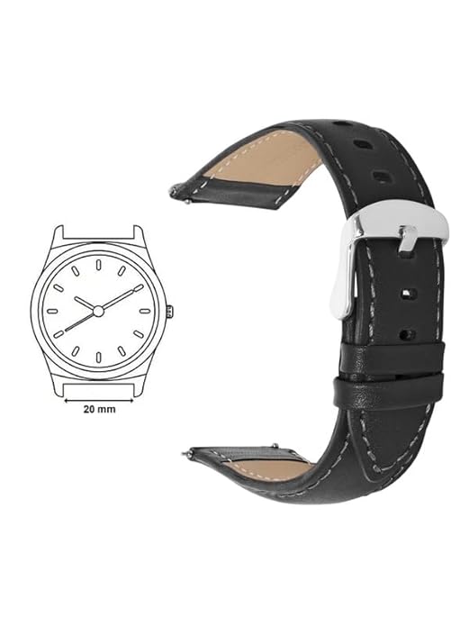 Quick Release 20 mm Black Genuine Leather Strap for Analog & Smart Watches