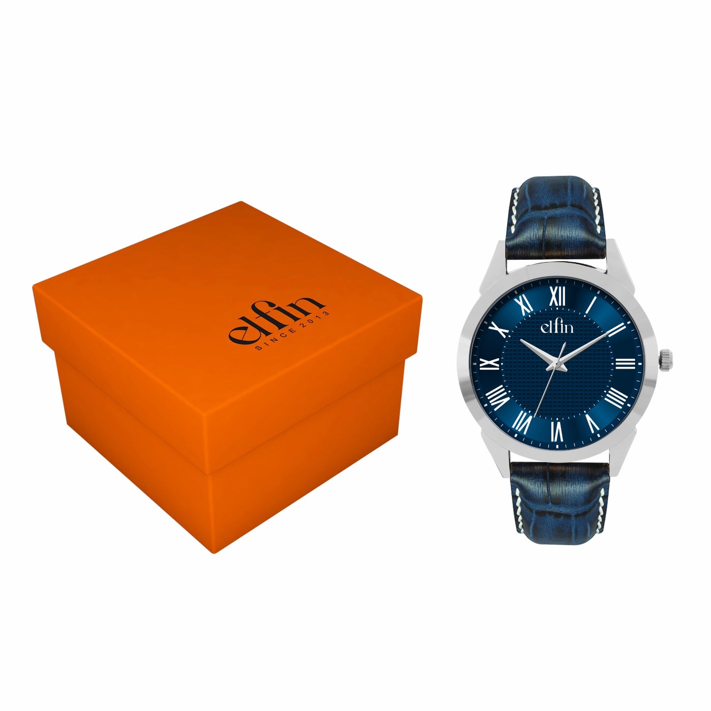 Men’s Analog Watch – Grey Textured Dial with Blue Strap & Blue Hands - ELFM001A