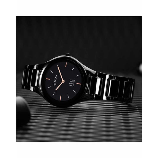 Analog Edge Ceramic Quartz in Glossy Black Dial Watch for Women, Band Color-Black