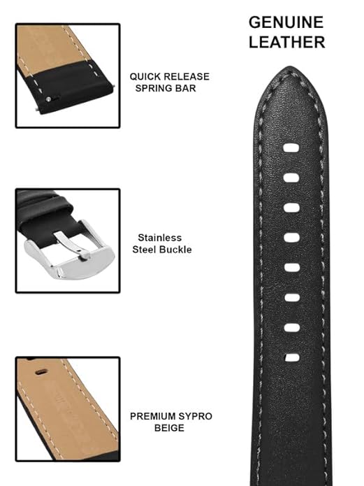 Quick Release 20 mm Black Genuine Leather Strap for Analog & Smart Watches