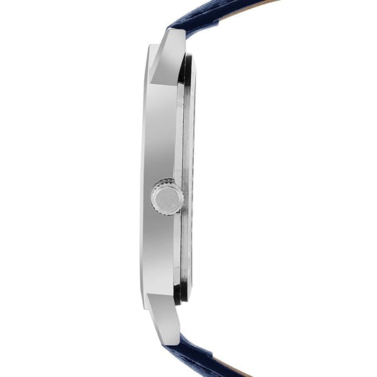 Slim Silver Analog Blue Leather Strap Watch for Men ELFM004C