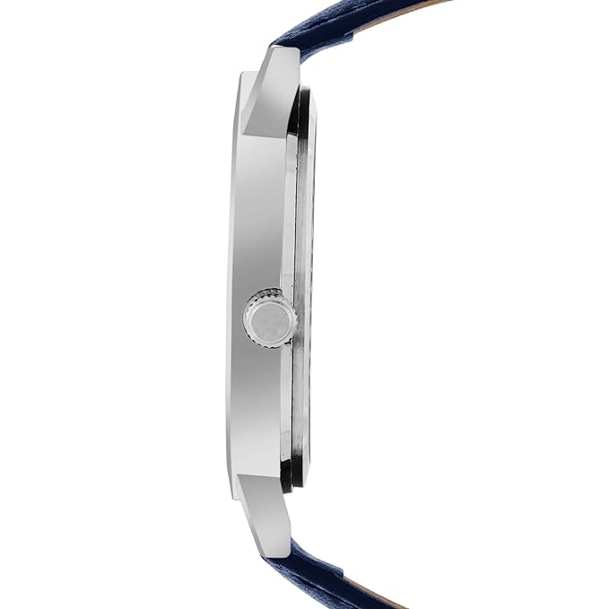 Slim Silver Analog Blue Leather Strap Watch for Men ELFM004C
