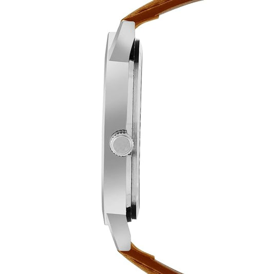 Sleek Silver Analog Brown Leather Strap Watch for Men ELFM003A