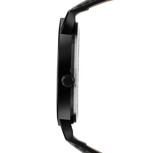 Slim All Black Analog Black Leather Strap Watch for Men ELFM004B