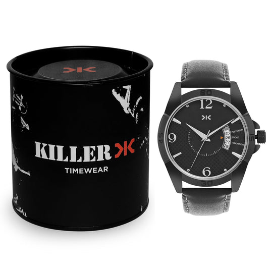 Men's Black Leather Strap Date Watch KLMO104A