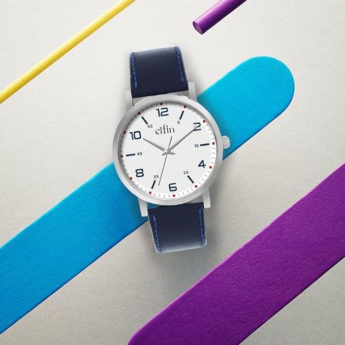 Sleek Silver Analog Blue Leather Strap Watch for Men ELFM003C