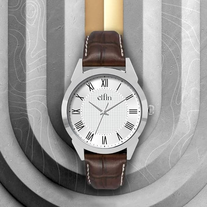 Silver Analog Brown Croco Leather Strap Watch for Men ELFM001B