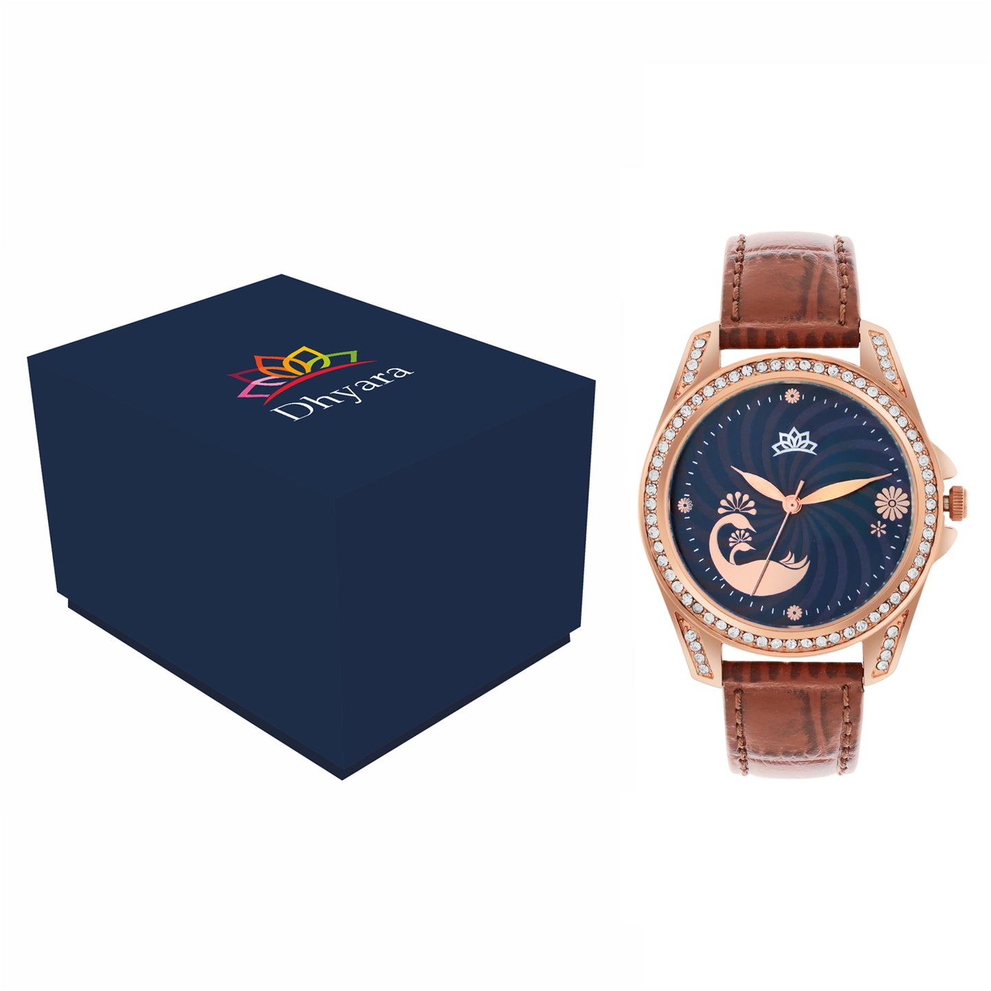 Women’s Elegant Blue Dial with Brown Leather Strap and Crystal Rose Gold Case - D009A