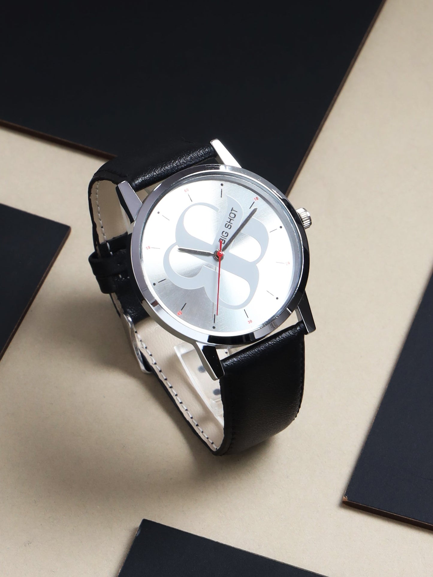 Men's Silver Black Leather Strap Watch BSM003C