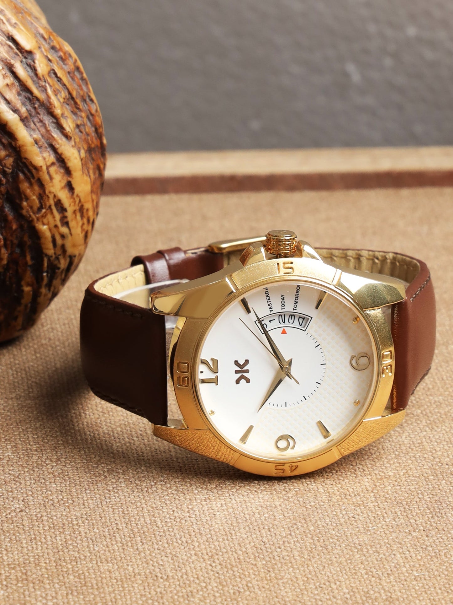 Men's Gold Case, Brown Leather Strap Date Watch KLMO104C