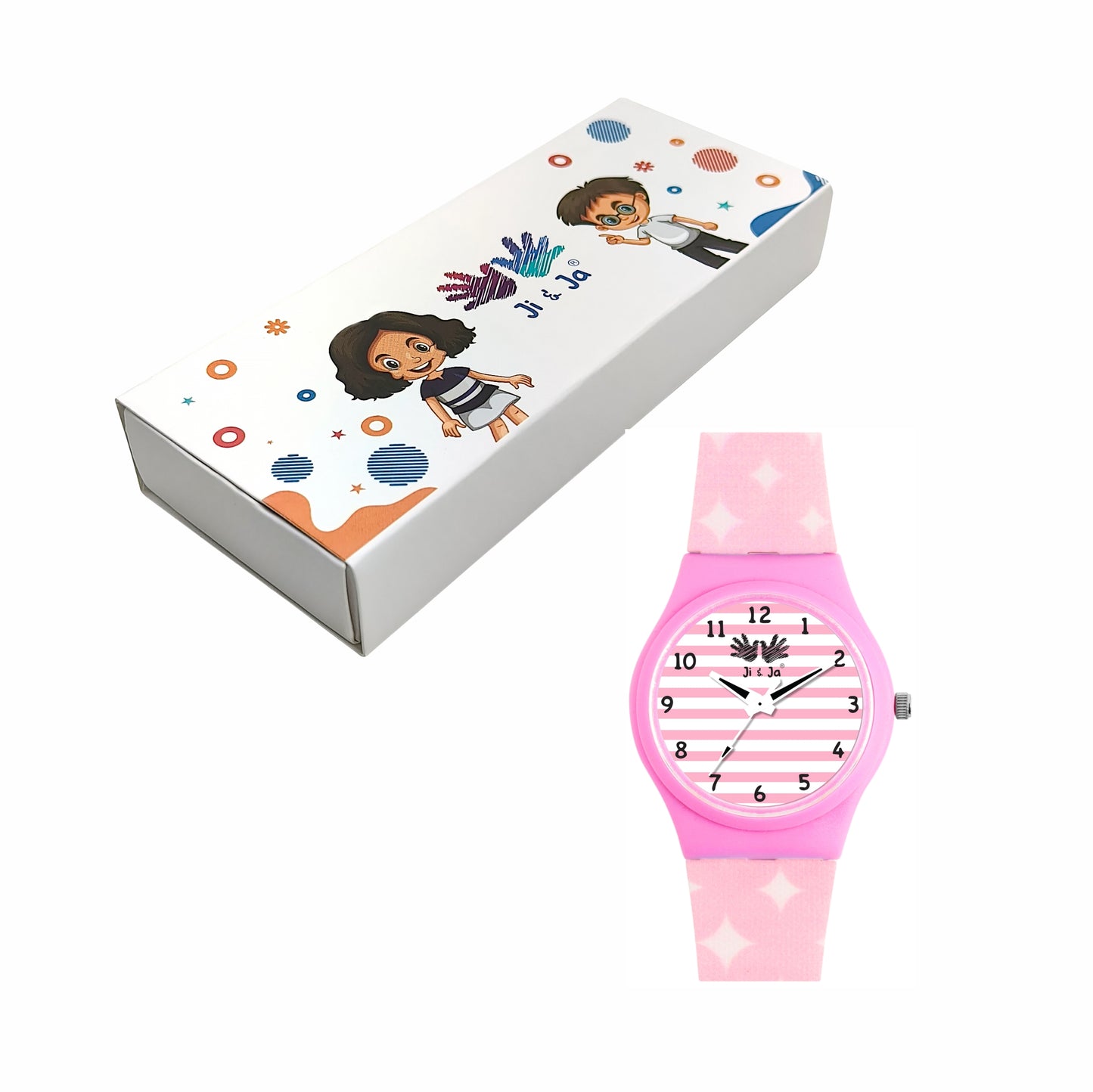 Kids’ White & Pink Striped Dial Analog Watch with Pink Case & Patterned Strap - JJ240