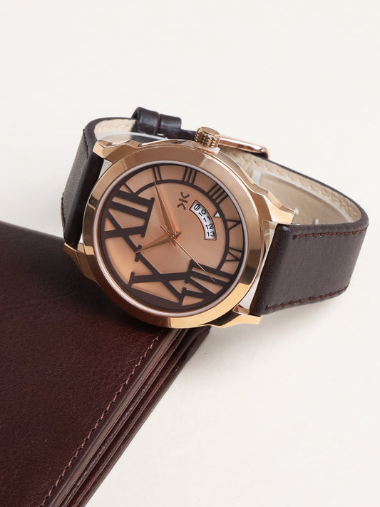 Men's Rose Gold Brown Leather Strap Date Watch KLMO80F