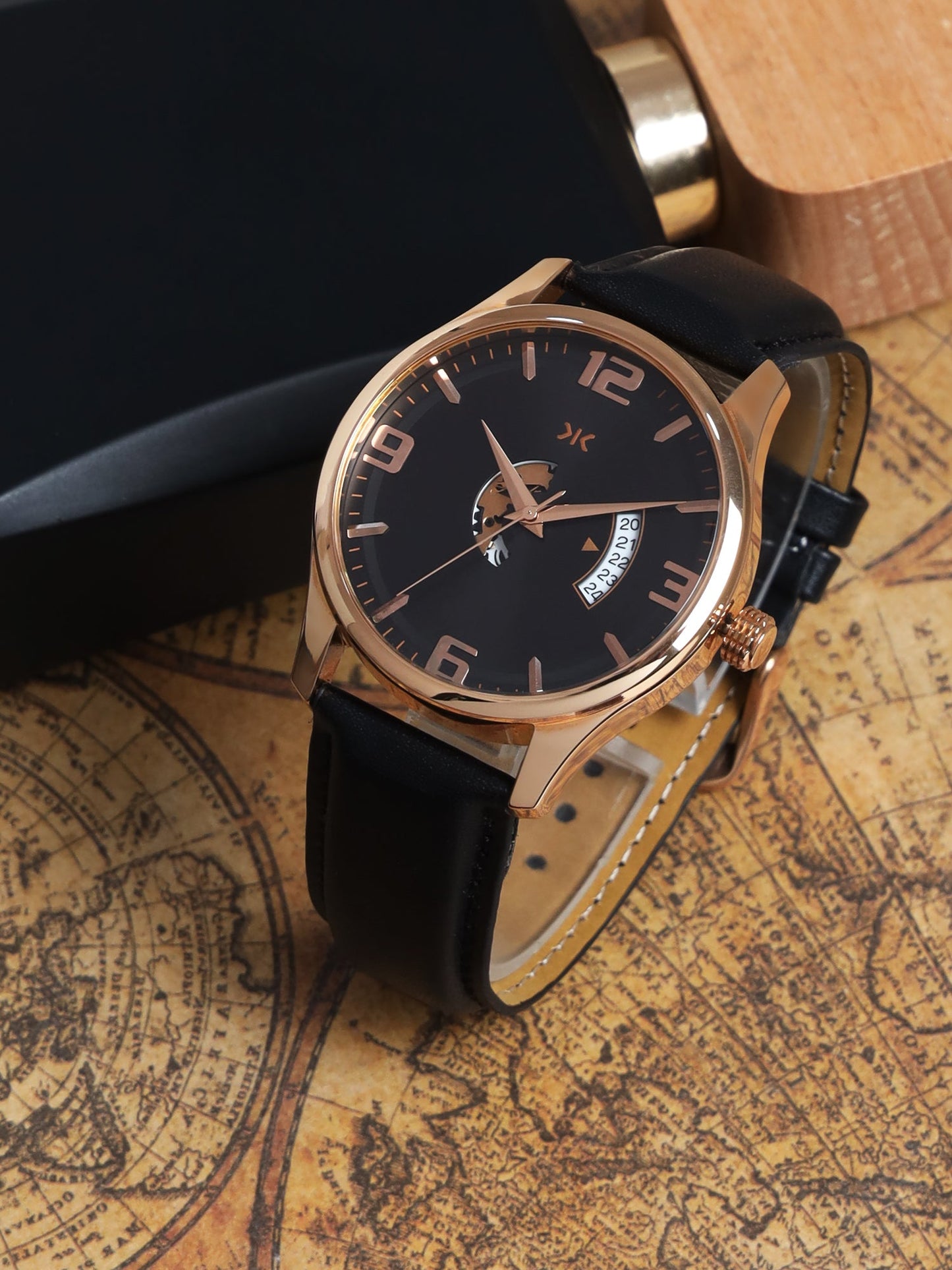 Men's Rose Gold Case, Black Skeleton Dial, Black Leather Strap, Date Watch KLMO103B