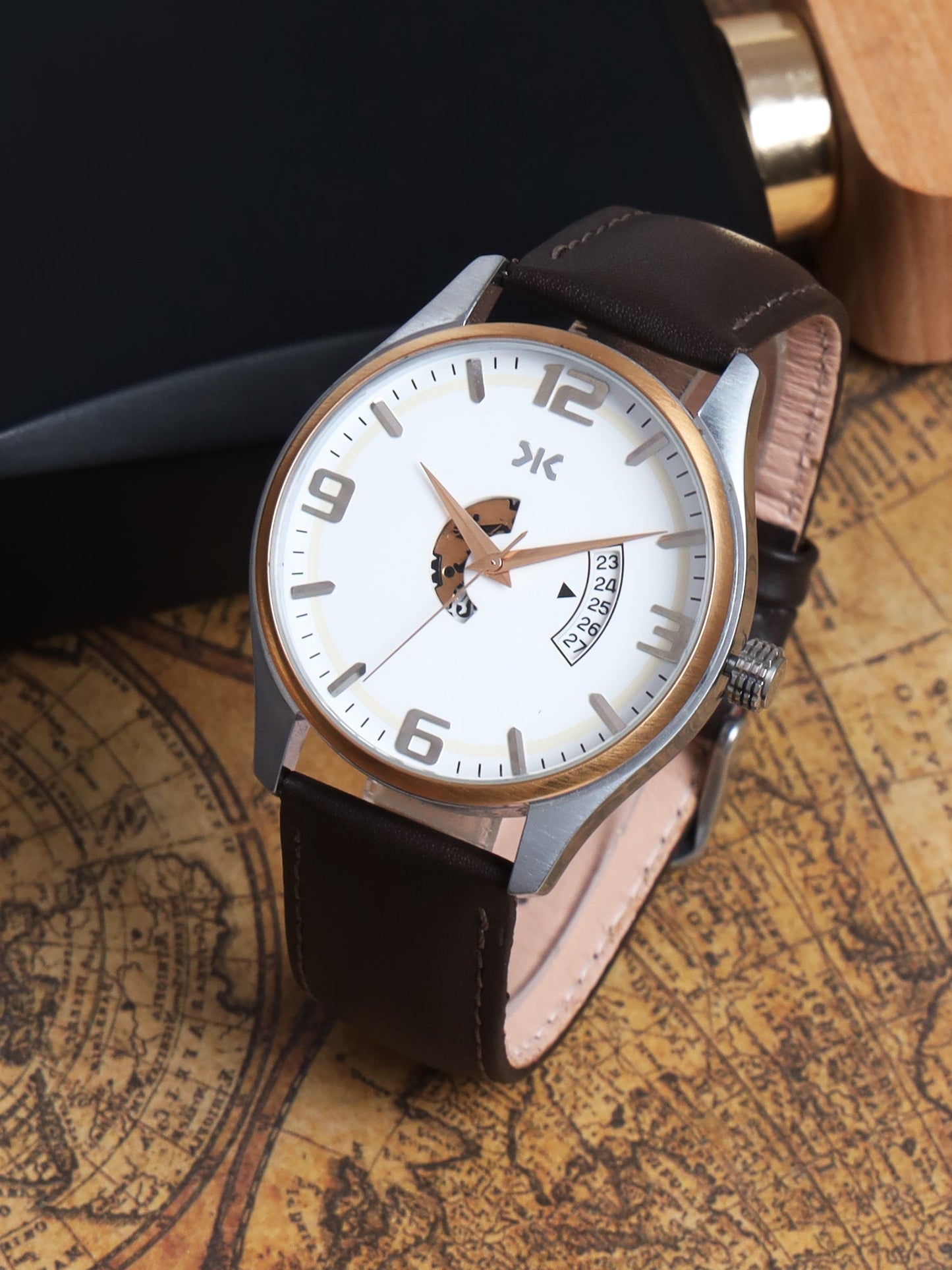 Men's Rose Gold Case, White Skeleton Dial, Brown Leather Strap, Date Watch KLMO103C